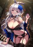  1girl alternate_costume bangs blue_eyes blurry blurry_background blush breasts cenangam cleavage collarbone commentary_request condom cross cross_earrings earrings eyebrows_visible_through_hair flower garter_belt girls_frontline grey_hair grin hair_flower hair_ornament hair_ribbon heart heart-shaped_pupils heavy_breathing heterochromia highres holding holding_condom indoors jewelry long_hair looking_at_viewer mdr_(girls_frontline) multicolored_hair night off_shoulder one_side_up pink_eyes pink_hair purple_nails ribbon sidelocks smile solo sparkle streaked_hair sweat symbol-shaped_pupils thighhighs window 