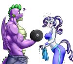  ? anthro anthrofied big_breasts big_butt blush bodily_fluids bottomwear bra breasts butt clothed clothing dragon dumbbell equid female friendship_is_magic fur green_body green_scales hair horn male mammal muscular muscular_male my_little_pony open_mouth pants pia-sama purple_body purple_hair purple_scales rarity_(mlp) scales shorts simple_background spike_(mlp) sports_bra striped_hair sweat sweatband topless towel underwear unicorn water water_bottle weights white_background white_body white_fur wings 