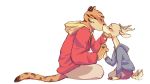  16:9 2019 ambiguous/ambiguous ambiguous_gender anthro antlers blush bodily_fluids cameron_(zootopia_fan_character) cervid clothed clothing crying disney duo eyes_closed fan_character felid hand_holding hand_under_chin hi_res hoodie horn ittybittykittytittys jamie_(zootopia_fan_character) kissing mammal motion_blur motion_lines pantherine side_view simple_background sitting tailwag tears tiger topwear white_background zootopia 