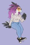  accipitriform avian beatrice_bird bird clothing dreiwochenwach female green_eyes hair hi_res purple_hair secretary_bird solo swimwear 