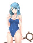  1girl absurdres aqua_eyes aqua_hair blue_swimsuit blush breasts cleavage collarbone covered_navel highres long_hair looking_at_viewer medhi nervous nervous_smile okamired one-piece_swimsuit simple_background smile solo staff swimsuit tsuujou_kougeki_ga_zentai_kougeki_de_ni-kai_kougeki_no_okaasan_wa_suki_desu_ka? white_background 