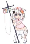  1girl @_@ animal_ear_fluff animal_ears bailingxiao_jiu bandaged_arm bandaged_leg bandages bangs blue_eyes boots braid collared_dress crying crying_with_eyes_open dress eyebrows_visible_through_hair full_body glasses hat highres intravenous_drip knees_together_feet_apart nurse nurse_cap original parted_lips pink_dress pink_headwear saliva short_sleeves side_braid silver_hair simple_background solo standing sweat tail tears thigh_boots thighhighs white_background white_footwear white_legwear 