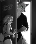  2019 absurd_res anthro bottomwear breasts butt canid canine cheek_tuft clothed clothing disney door duo ears_down face_tuft female fluffy fluffy_tail fox fully_clothed green_eyes greyscale head_tuft hi_res inktober judy_hopps lagomorph leporid light lighting male mammal monochrome neck_tuft nick_wilde pants pivoted_ears rabbit shirt thewinterbunny topwear tuft zootopia 
