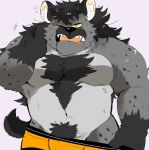  2019 anthro belly black_body black_fur clothing fur humanoid_hands hyaenid hyaku_(artist) male mammal moobs navel overweight overweight_male pubes simple_background solo tired underwear 