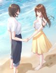  2girls absurdres bad_proportions barefoot beach blue_eyes breasts brown_eyes brown_hair day footprints hand_up highres holding_hand missholmes multiple_girls ocean original outdoors sand shirt short_sleeves skirt sleeveless small_breasts standing white_shirt yellow_skirt yuri 