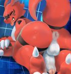  anus backsack balls butt butt_focus digimon digimon_(species) eyes_closed guilmon hi_res humanoid_penis male nukochi open_mouth penis red_body red_scales red_skin scales scalie solo teeth tongue tongue_out white_balls 