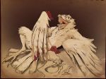  2016 3_toes ambiguous_gender anthro arm_support avian beak bird brown_background cheek_tuft chest_tuft convenient_censorship derp_eyes digitigrade eating face_tuft feather_tuft feathers food front_view fruit full-length_portrait gaping_mouth grape graphite_(artwork) guide_lines head_tuft holding_food holding_object kour lying mixed_media nude on_back open_beak open_mouth pencil_(artwork) plant portrait potoo raised_leg restricted_palette simple_background solo spread_legs spreading tail_feathers talons toes tongue tongue_out traditional_media_(artwork) tuft watermark winged_arms wings 