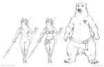  2018 anthro balls barthur_(htf) belt black_and_white black_nose bra breasts canid canine canis clothing domestic_dog duo elaine_(htf) female foot_wraps fur hi_res humanoid_penis husky larger_male male mammal melee_weapon monochrome mostly_nude navel nipples nordic_sled_dog nude off/on paws penis polearm simple_background size_difference sketch small_breasts smaller_female spear spitz standing tattoo text tribal underwear url ursid weapon white_background wraps zaush 