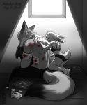  2019 absurd_res anthro back_muscles bandage bed blood bodily_fluids bottomwear bra canid canine clothed clothing dipstick_tail disney eyes_closed female fluffy fluffy_tail fox furniture greyscale head_tuft hi_res inktober inner_ear_fluff judy_hopps kneeling lagomorph leporid light lighting male mammal monochrome multicolored_tail muscular muscular_male nick_wilde on_bed panties pants rabbit scut_tail sitting thewinterbunny topless tuft underwear window wounded zootopia 