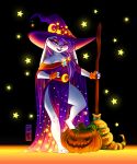  2019 anthro barefoot breasts broom buckteeth cheek_tuft claws clothing disney dress face_tuft fan_character female fingerless_gloves fur gloves hair halloween hand_on_hip handwear hat headgear headwear hi_res holding_object holidays jack-o&#039;-lantern lagomorph leporid light lighting looking_at_viewer mammal open_mouth open_smile purple_eyes purple_hair rabbit smile solo standing teeth thewinterbunny toe_claws tuft white_body white_fur witch_hat zootopia 