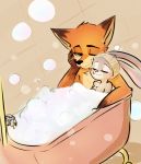  anthro bathroom bathtub blush canid canine coffeelsb dipstick_ears disney duo ears_back eyes_closed fox fur green_eyes hi_res inside judy_hopps lagomorph leporid looking_at_another mammal multicolored_ears nick_wilde nude one_eye_closed orange_body orange_fur partially_submerged pivoted_ears rabbit red_fox smile zootopia 
