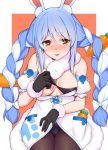  1girl absurdres animal_ear_fluff animal_ears bangs black_gloves blue_hair blush braid breasts bunny_ears bunny_girl bunnysuit carrot carrot_hair_ornament closed_mouth food_themed_hair_ornament fur_trim gloves hair_ornament heart heart-shaped_pupils highres hololive katte_ni_kappa long_braid long_hair medium_breasts multicolored_hair orange_background orange_eyes pantyhose scarf simple_background solo symbol-shaped_pupils thick_eyebrows tongue tongue_out twin_braids two-tone_hair undressing usada_pekora very_long_hair virtual_youtuber white_coat white_hair 