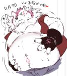  &lt;3 anthro belly belly_markings blush bodily_fluids canid canine chubby_cheeks claws clothed clothing facial_markings fingerless_gloves fur gloves hand_on_stomach handwear head_markings japanese_text male mammal markings moobs navel nipples one_eye_closed open_shirt overweight overweight_male pukkunnnn shirt simple_background solo sweat sweatdrop text thought_bubble topwear white_background white_body white_fur wince 