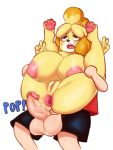  after_sex animal_crossing anthro anus balls big_breasts blush breasts canid canine canis curvy_figure domestic_dog eye_roll female full_nelson fur gesture hi_res huge_breasts human interspecies isabelle_(animal_crossing) male male/female mammal nintendo nipples nude open_mouth pawpads penis pull_out pussy shih_tzu short_stack tongue toy_dog v_sign vein veiny_penis video_games villager_(animal_crossing) voluptuous wizzikt yellow_body yellow_fur 