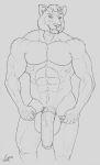  2019 abs animal_genitalia animal_penis anthro aolun_(character) balls black_and_white equine_penis felid fur half-erect hi_res line_art looking_at_viewer machairodontine male mammal medial_ring monochrome muscular muscular_male nude otter_grafitsnake penis solo standing vein 