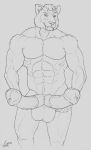 2019 abs animal_genitalia animal_penis anthro aolun_(character) balls black_and_white equine_penis erection felid fur hi_res line_art looking_at_viewer machairodontine male mammal medial_ring monochrome multi_penis muscular muscular_male nude otter_grafitsnake penis solo standing urethra 