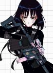  1girl 90s absurdres bandaid bandaid_on_face bangs bishoujo_senshi_sailor_moon black_gloves black_hair bodysuit close-up commentary english_commentary eyebrows eyelashes finger_on_trigger gloves gun highres holding holding_gun holding_weapon load_bearing_vest looking_at_viewer machine_pistol military_operator nike product_placement purple_eyes sailor_saturn scope short_hair skin_tight smiley_face solo suppressor tomoe_hotaru tsurime vinne weapon 