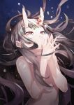  1girl bangs bare_shoulders black_hair bubble flat_chest furisuku gem highres horns long_hair looking_up nude oni original purple_eyes solo syannhaineko very_long_hair virtual_youtuber 