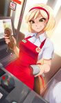  1girl apron blonde_hair blush breasts cash_register cashier drooling earrings green_eyes grin hairband heart heart-shaped_pupils highres jewelry merunyaa name_tag original rope scanner short_hair smile solo symbol-shaped_pupils tape 