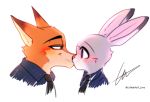  ambiguous_gender anthro anthro_on_anthro blush canid canine clothed clothing coffeelsb dipstick_ears disney duo fox fur grey_body grey_fur judy_hopps kissing lagomorph leporid looking_at_another mammal multicolored_ears necktie nick_wilde orange_body orange_fur purple_eyes rabbit red_fox simple_background white_background zootopia 