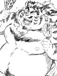  anthro belly big_belly black_and_white chubby_cheeks clothed clothing eyes_closed felid food fur holding_food holding_object inugokudo male mammal monochrome moobs navel nipples obese obese_male open_mouth open_smile overweight overweight_male pantherine simple_background smile solo striped_body striped_fur stripes tiger topless white_background 