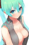  1girl absurdres aqua_eyes aqua_hair breasts grey_shirt hair_between_eyes hatsune_miku highres long_hair medium_breasts no_bra open_clothes open_shirt pocche-ex shirt sleeveless sleeveless_shirt solo twintails upper_body vocaloid white_background 