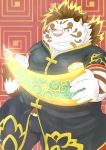  2019 anthro blue_eyes bottomwear clothing eyewear felid fur glasses guratan_wa hi_res humanoid_hands licho_(tas) male mammal overweight overweight_male pantherine pants solo tiger tokyo_afterschool_summoners video_games white_body white_fur 