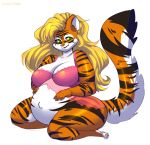  anthro belly big_belly big_breasts big_butt blonde_hair bra breasts butt clothing curvy_figure felid female fur green_eyes hair hand_on_stomach hi_res kneeling lingerie looking_at_viewer mammal multicolored_body multicolored_fur navel orange_body orange_fur pantherine pregnant solo stripes thick_thighs tiger tragicfame underwear voluptuous white_body white_fur wide_hips 