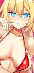  1girl akai_haato bikini blonde_hair blue_eyes blush breasts breasts_apart collarbone hair_between_eyes hand_up heart highres hololive katte_ni_kappa large_breasts long_hair looking_at_viewer micro_bikini parted_lips red_background red_bikini_top simple_background solo sweat swimsuit virtual_youtuber 