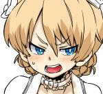  1girl angry aono3 bangs blonde_hair blue_eyes blush collar darjeeling girls_und_panzer headband open_mouth simple_background sweatdrop 