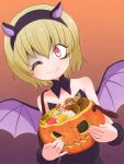  1girl bare_shoulders blonde_hair blush candy closed_mouth demon_horns demon_wings fake_horns fang food gradient gradient_background halloween halloween_costume highres horns jashin-chan_dropkick looking_at_viewer one_eye_closed orange_background pekora_(jashin-chan_dropkick) pumpkin sat-c shiny shiny_hair shiny_skin short_hair simple_background smile solo wings 