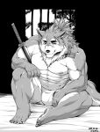  2019 5_fingers 5_toes anthro asian_clothing bulge canid canine canis canister clothing east_asian_clothing fingers fundoshi fur greyscale hair humanoid_hands japanese_clothing katana male mammal melee_weapon monochrome multicolored_body multicolored_fur muscular muscular_male nipples scar signature sitting solo sword tied_hair toes two_tone_body two_tone_fur underwear weapon wolf xigma 