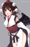  1girl :d arms_behind_back bangs black_ribbon black_wings blush breasts brown_hair commentary_request eyebrows_visible_through_hair feathered_wings grey_background hat highres japanese_clothes kimono kourindou_tengu_costume leaning_forward long_sleeves looking_at_viewer momomaron obi open_mouth pelvic_curtain pointy_ears pom_pom_(clothes) red_eyes red_headwear ribbon sash shameimaru_aya short_hair simple_background small_breasts smile solo thighs tokin_hat touhou twitter_username white_kimono wide_sleeves wings 