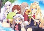  5girls :d air bat_hair_ornament black_skirt blue_eyes blue_sky brown_eyes brown_hair buttons charlotte_(anime) check_character clannad company_connection cross dango_daikazoku day flower furukawa_nagisa hair_ornament hair_ribbon hand_up holding holding_flower kamio_misuzu key_(company) little_busters! long_hair long_sleeves looking_at_viewer lying multiple_girls naruse_shiroha noala-sousaku noumi_kudryavka on_stomach open_mouth outdoors purple_hair red_neckwear red_shirt ribbon school_uniform shirt short_sleeves sitting skirt sky smile stuffed_toy summer_pockets sunflower tomori_nao tree white_headwear white_ribbon white_shirt 