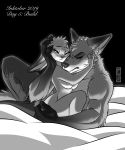  2019 absurd_res anthro anthro_on_anthro biceps bottomwear breasts canid canine cheek-tuft claws clothed clothing dipstick_ears disney duo ears_down female fox greyscale head_tuft hi_res inktober inner_ear_fluff judy_hopps lagomorph leporid light lighting lying male male/female mammal monochrome multicolored_ears muscular muscular_male nick_wilde nude on_side pants pivoted_ears purple_eyes rabbit side_boob thewinterbunny topless tuft under_boob zootopia 