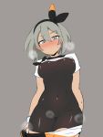  1girl black_bodysuit black_hairband blue_eyes blush bodysuit covered_navel covered_nipples cowboy_shot crop_top dark_skin gloves grey_background grey_hair hair_between_eyes hairband kumasteam looking_at_viewer orange_gloves pokemon pokemon_(game) pokemon_swsh saitou_(pokemon) shirt_lift short_sleeves shorts shorts_pull single_glove skin_tight solo steaming_body sweat two-tone_gloves wristband 