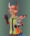  ambiguous_gender anthro black_nose blue_eyes bottomwear canid canine cheek_tuft claws clothed clothing dipstick_ears disney duo face_tuft fox fully_clothed fur gesture gloves_(marking) green_background green_eyes grey_body grey_fur grin inner_ear_fluff judy_hopps lagomorph leporid light lighting mammal markings multicolored_ears neck_tuft necktie nick_wilde orange_body orange_fur pants pink_nose police_uniform rabbit red_fox shirt simple_background smile tan_body tan_fur taneysha teeth topwear tuft uniform v_sign zootopia 