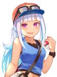  1girl bag bangs baseball_cap black_shirt blue_hair blue_shirt blunt_bangs blush brat collarbone cosplay eyewear_on_headwear hat holding holding_poke_ball lize_helesta long_hair looking_at_viewer multicolored_hair navel nijisanji open_mouth poke_ball pokemon shirt simple_background sleeveless solo sweatdrop two-tone_hair upper_body virtual_youtuber watch white_background white_hair wristwatch 