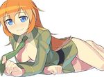  barefoot blue_eyes bottomless breasts charlotte_e_yeager cleavage grin itsumo_nokoru long_hair lying medium_breasts necktie orange_hair smile solo strike_witches world_witches_series 