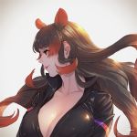  1girl animal_ears black_hair bodysuit breasts cleavage collarbone commentary_request extra_ears eyebrows_visible_through_hair highres hippopotamus_(kemono_friends) hippopotamus_ears kemono_friends long_hair multicolored_hair profile red_eyes red_hair solo takami_masahiro 