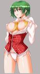  ascot breasts grey_background hands_on_own_chest kazami_yuuka large_breasts no_pants open_clothes open_shirt panties plaid plaid_vest shirt side-tie_panties solo standing touhou underwear untied vest yueshiro_kou 
