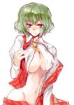  ascot between_breasts blush breasts cleavage covered_nipples embarrassed frown green_hair groin highres hips kazami_yuuka large_breasts looking_at_viewer midriff navel no_bra no_panties nokishita nose_blush open_clothes open_shirt plaid plaid_skirt plaid_vest red_eyes shirt short_hair simple_background skirt skirt_pull skirt_set solo touhou undressing vest wavy_mouth white_background 