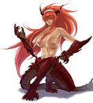  breasts claws dragon_girl green_eyes horns large_breasts long_hair looking_at_viewer monster_girl original pointy_ears red_hair simple_background smile solo tail very_long_hair wakky white_background 