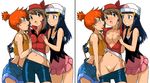  bike_shorts bike_shorts_pull blush bottomless dawn haruka_(pokemon) hikari_(pokemon) kakkii kasumi_(pokemon) latex may misty navel nipples no_panties open_clothes open_shirt pokemon pussy shirt short_shorts shorts suspenders threesome uncensored undressing yuri 