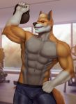  abs absurd_res anthro banni_art biceps blake bulge canid canine canis clothed clothing exercise gym hi_res male mammal muscular muscular_male navel pecs solo topless weightlifting wolf workout 