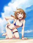  1girl 1other all_fours animal animal_on_shoulder bandaid bandaid_on_face barefoot beach bikini blue_bikini blue_sky breasts brown_eyes brown_hair cloud commentary_request crab_on_shoulder day fang kantai_collection looking_at_viewer oboro_(destroyer) oboro_(kantai_collection) outdoors sameha_ikuya ship short_hair side-tie_bikini skin_fang sky small_breasts smile swimsuit thigh_strap watercraft 