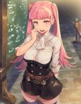  1girl belt belt_buckle black_legwear breasts buckle chalkboard commentary_request cup desk eyebrows_visible_through_hair fire_emblem fire_emblem:_three_houses garreg_mach_monastery_uniform hand_on_own_cheek hand_up highres hilda_valentine_goneril large_breasts long_hair looking_at_viewer open_mouth pink_eyes pink_hair school_uniform shinon_(tokage_shuryou) solo thighhighs twintails very_long_hair zettai_ryouiki 