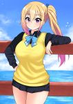  1girl absurdres black_shirt blonde_hair blue_neckwear blush bow bowtie breasts collared_shirt gradient_hair hand_on_hip hand_up highres kawakami_mai large_breasts long_hair long_sleeves looking_at_viewer mole mole_under_eye multicolored_hair musaigen_no_phantom_world ocean pleated_skirt purple_eyes school_uniform shirt side_ponytail sidelocks skirt smile solo sweater_vest the_only_shoe 