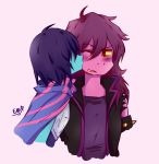  ambiguous_gender anthro blue_body clothed clothing deltarune digital_media_(artwork) duo eyebrows female female/ambiguous front_view hair human human_on_anthro interspecies jacket kissing kris_(deltarune) long_hair mammal one_eye_closed purple_body scalie shirt short_hair shurrumina signature susie_(deltarune) topwear video_games 