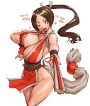  1girl ;d amania_orz bangs breasts brown_eyes brown_hair cleavage closed_fan cowboy_shot dated fan fatal_fury folding_fan groin heart high_ponytail hip_focus huge_breasts japanese_clothes long_hair one_eye_closed open_mouth parted_bangs shiny shiny_hair shiny_skin shiranui_mai sideboob signature simple_background smile solo strap_gap the_king_of_fighters twitter_username white_background 